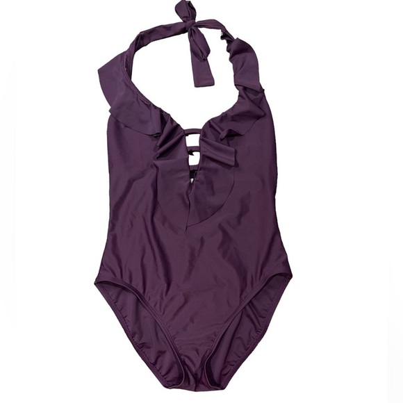 BLEU Rod Beattie Purple Strappy Ruffle Halter One Piece Swimsuit Size 6 Boho - Picture 3 of 13